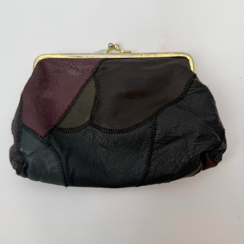 Vintage Genuine Leather Patchwork Purse Kiss Lock Coin Pouch Multi Color Boho 8"